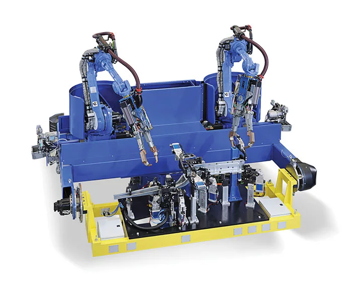 A robotic cell with two spot welding robots on an ArcWorld